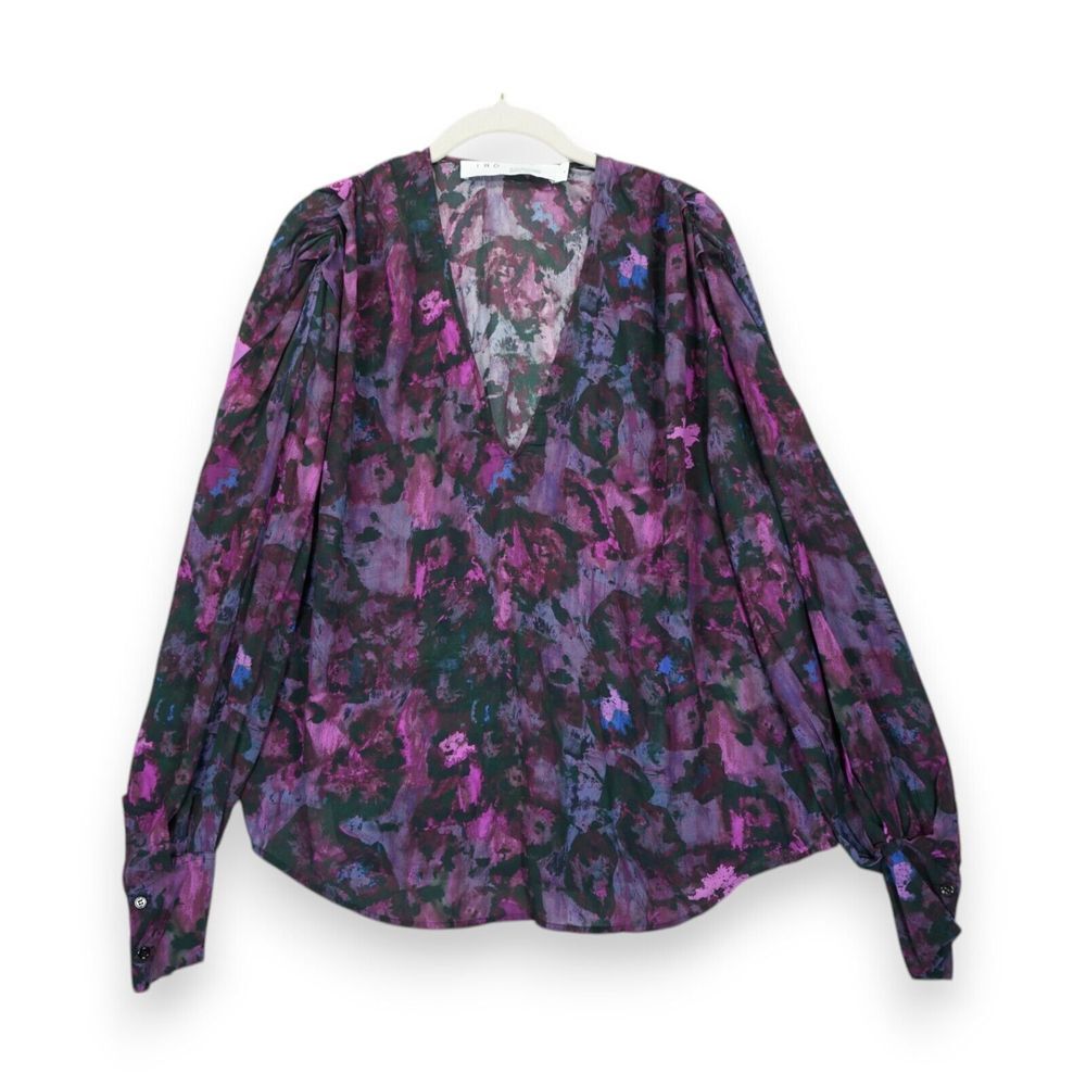 IRO Hush Printed Blouse Women's Size 36 / 20W Blouson Sleeve Purple MSRP $490